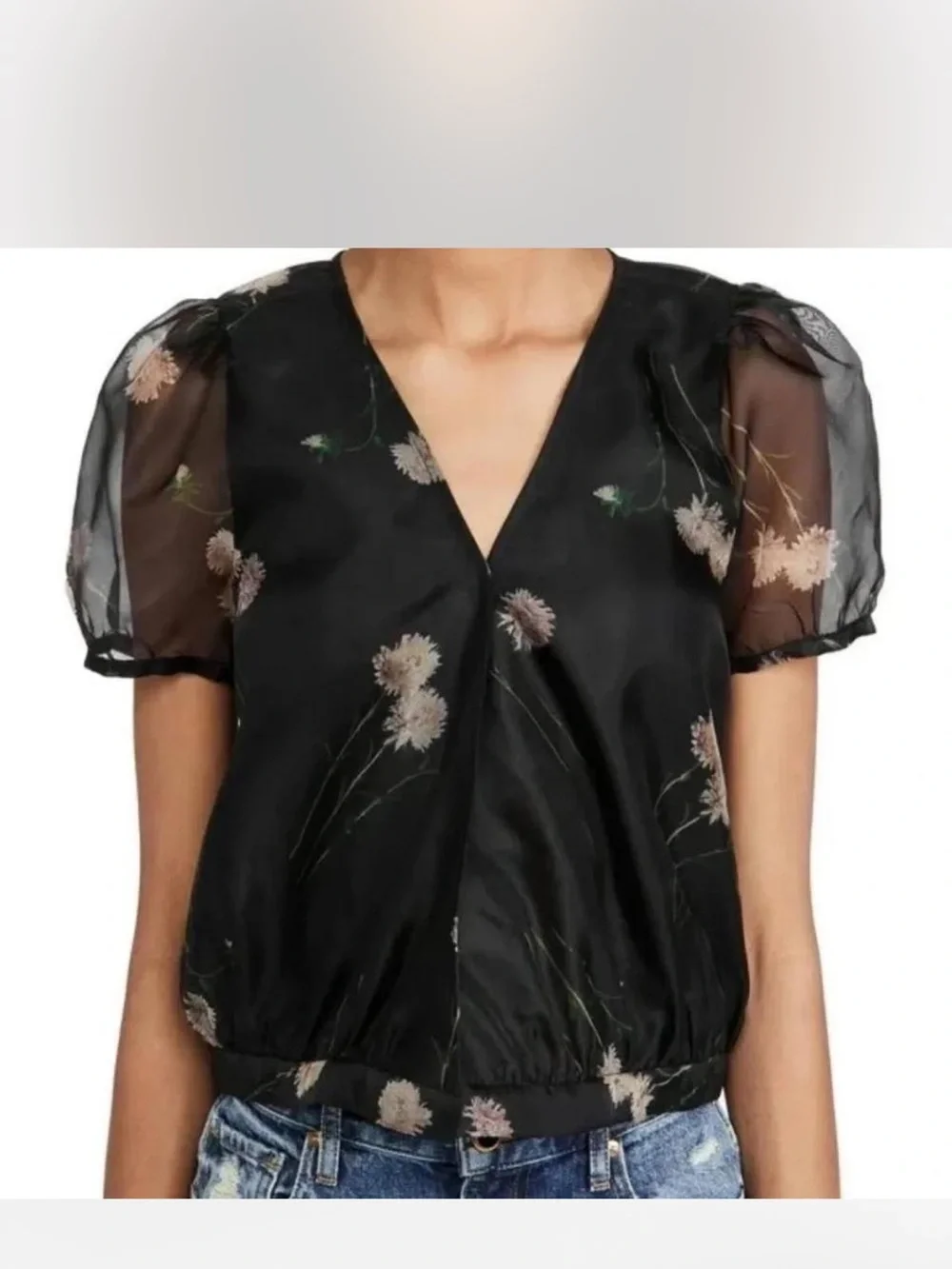 Madewell size small silk Black Floral Puff Sleeve Wrap Top